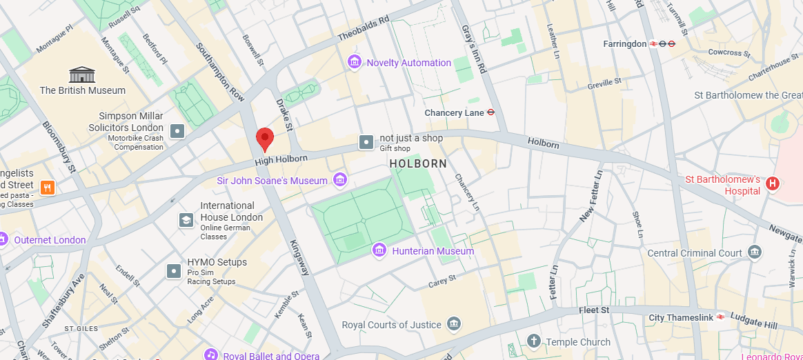 Map showing Sharifi Legal office location at 2nd Floor, 120 High Holborn, London